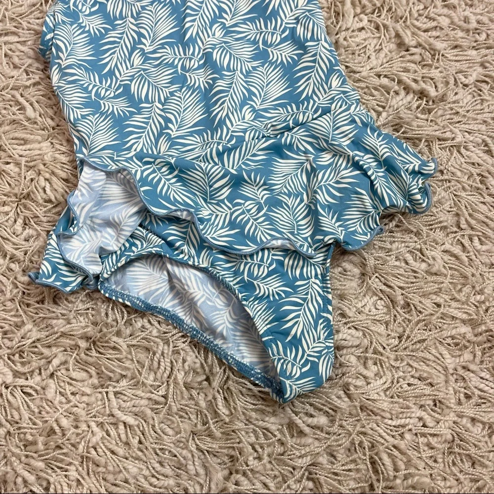 Girls Blue Palm Leaf One Piece Swimsuit - Picture 2 of 4